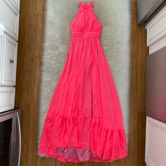 Mac Duggal Neon Hot Pink High Neck Sleeveless Tiered Chiffon Halter Gown 67816 - Picture 2 of 12
